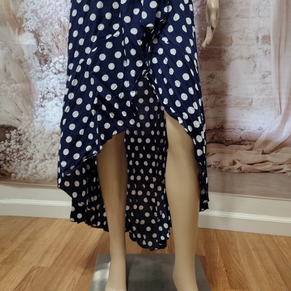 Grecerelle Women's Large Navy & White Polka Dot Surplice Long Flowing Maxi Dress - Picture 7 of 15